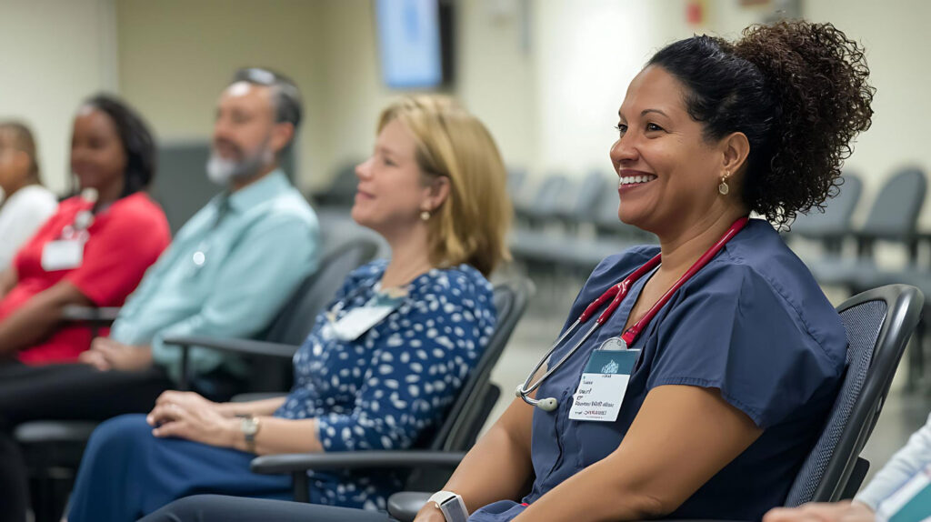People attending a Goodwill Staffing training and networking event in a conference room.