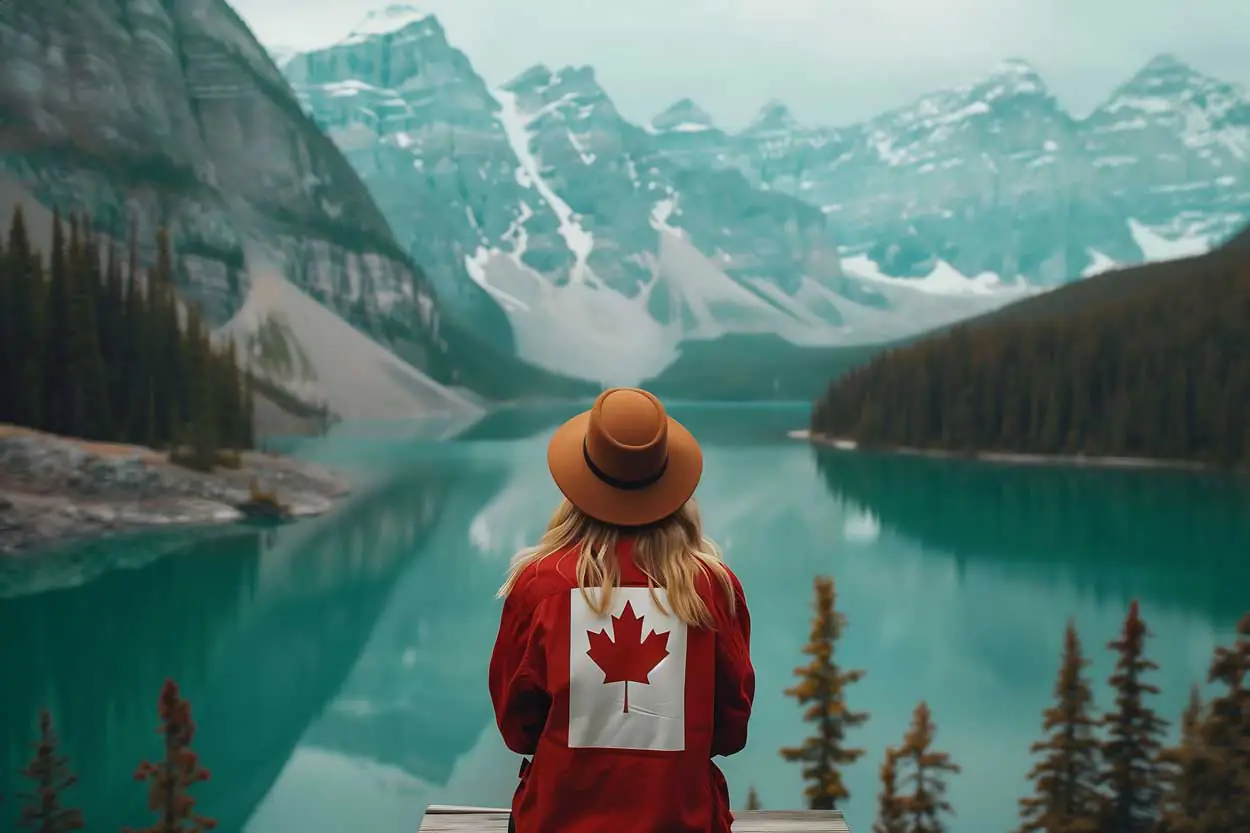 travel nurse wearing a Canadian flag backpack looking at a turquoise mountain lake in the Canadian Rockies.