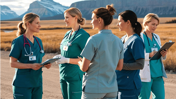 Group of travel nurses and healthcare professionals in scrubs discussing patient care outdoors.