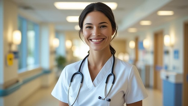 Nurse with stethoscope smiling in a hospital hallway.