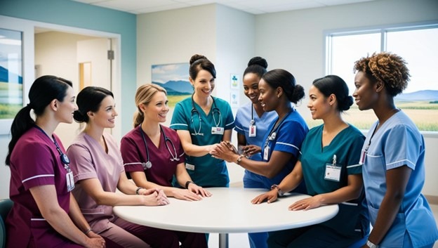 Three smiling nurses representing Goodwill Staffing’s referral bonus program in Canada