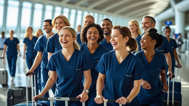 Smiling travel nurses in scrubs at an airport preparing for assignments