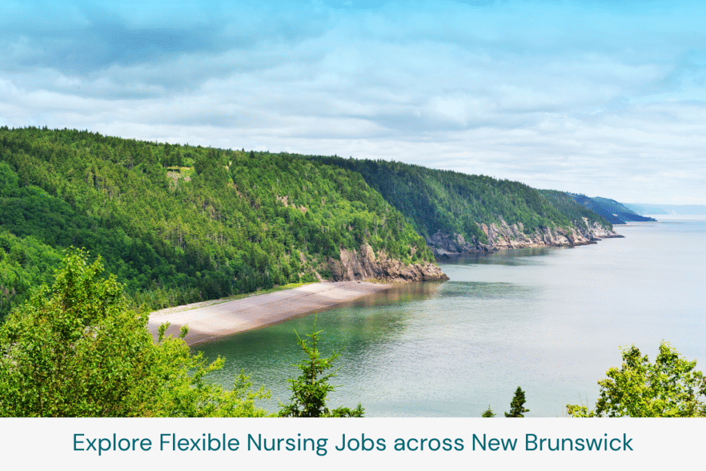 Coastal cliffs and calm waters of Fundy National Park in New Brunswick, Canada