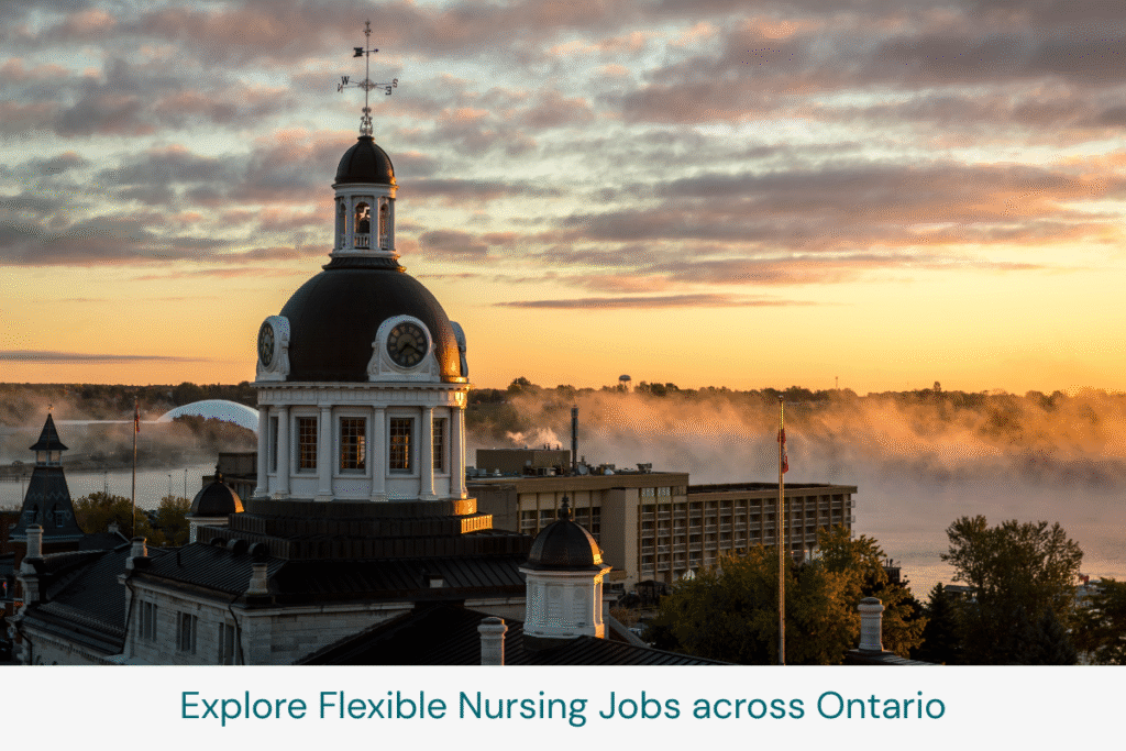 Kingston City Hall at sunrise with mist over Lake Ontario, symbolizing travel nursing opportunities across Ontario