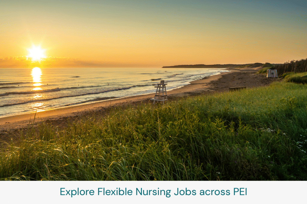 Sunrise over a quiet beach in Prince Edward Island, showcasing the peaceful coastal landscape where travel nurses can work and relax.