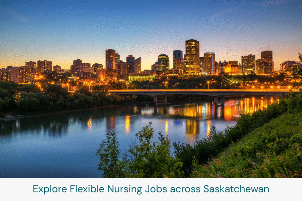 Saskatoon city skyline at sunset reflecting on the river — explore travel nursing jobs in Saskatchewan.