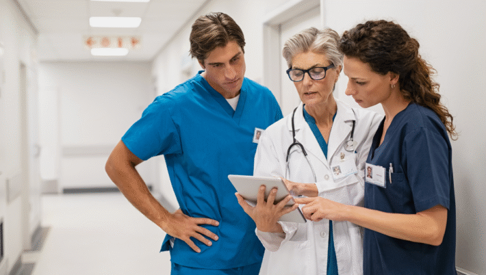 Group of nurse practitioners and healthcare professionals reviewing patient information in a Canadian hospital hallway