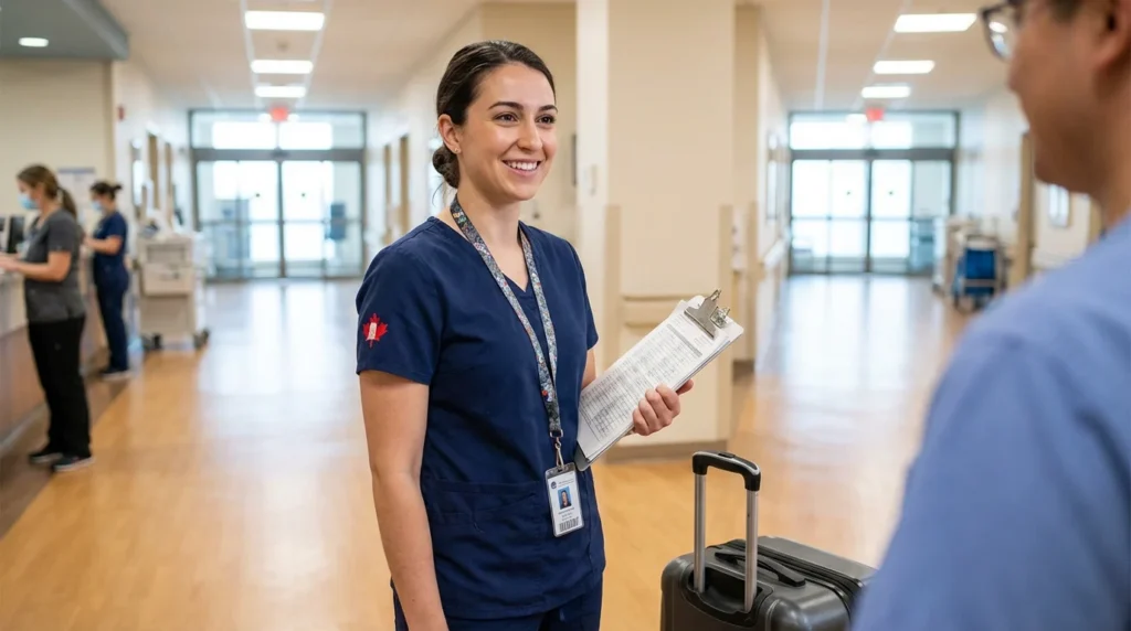 Woman explaining requirements for a travel in Canada