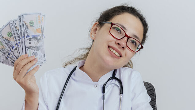 Nurses earn in Canada - white smiling nurse displaying cash
